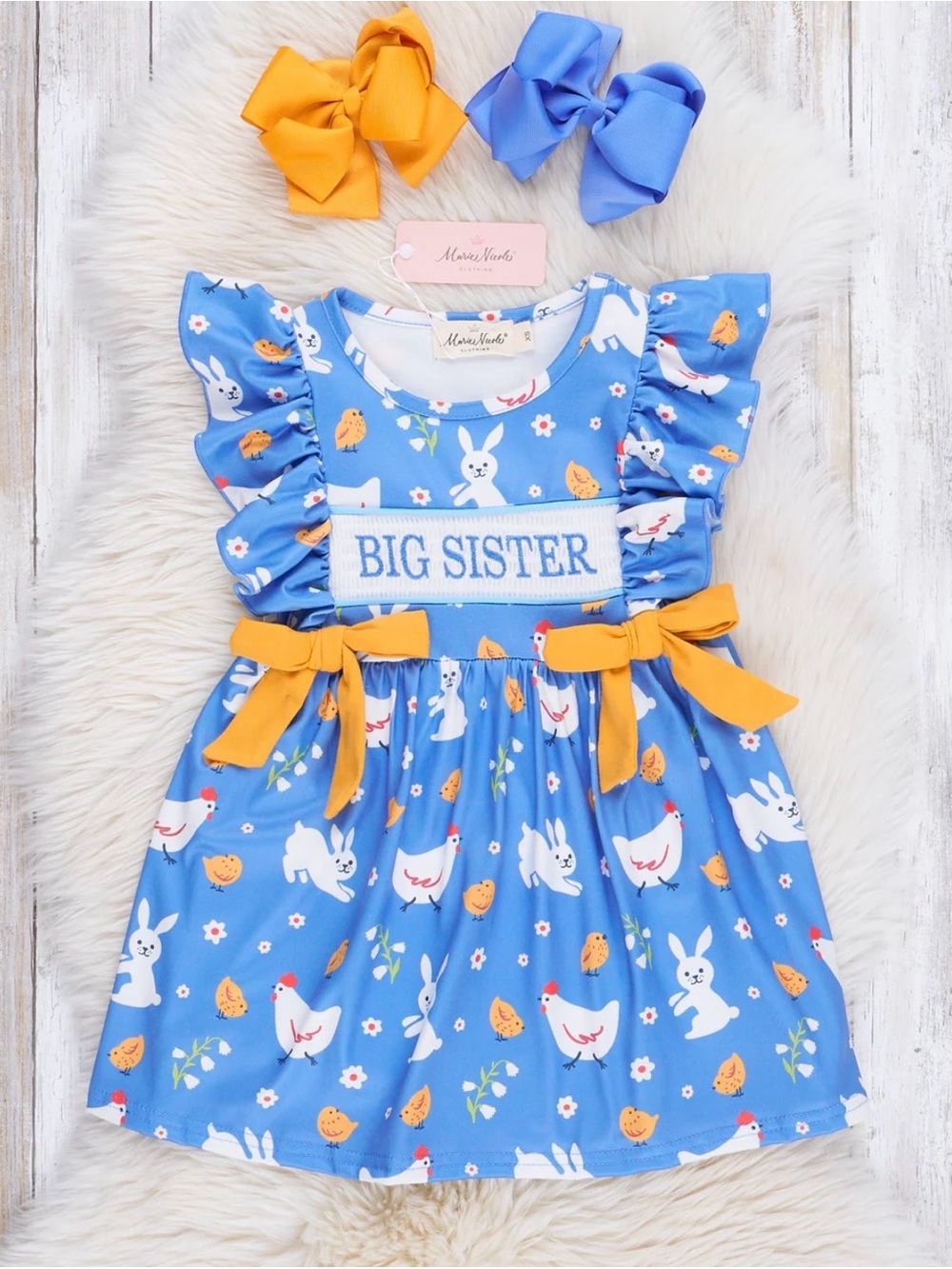 Big Sister Blue Ruffle Sleeve Dress with Yellow Bows